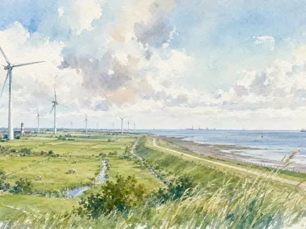 PNE AG (DE000A0JBPG2) zeigt norddeutsche Küstenlandschaft als Aquarell mit Windturbinen, Deich und weiter Nordsee - Foto: THN