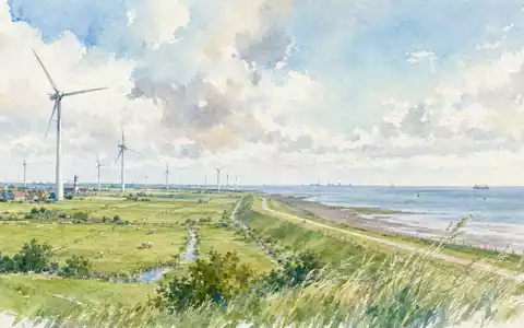 PNE AG (DE000A0JBPG2) zeigt norddeutsche Küstenlandschaft als Aquarell mit Windturbinen, Deich und weiter Nordsee - Foto: THN
