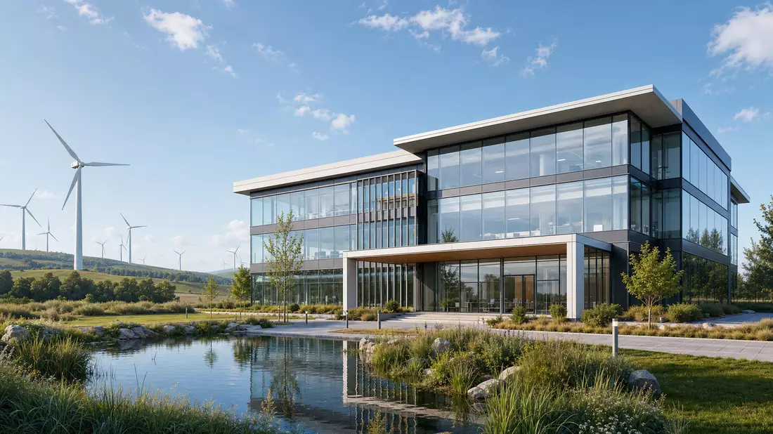 Architektur-Rendering eines modernen Glasbürogebäudes mit Windturbinen im Hintergrund