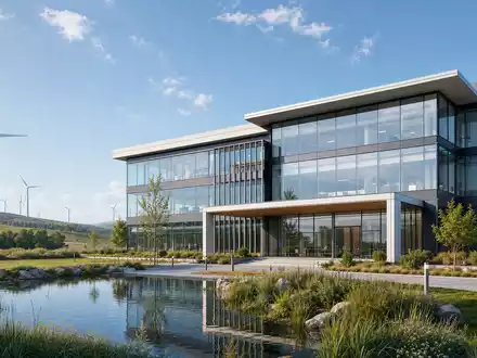 PNE AG (DE000A0JBPG2) präsentiert modernen Glas-Bürokomplex nahe Windpark als architektonische 3D-Visualisierung heute - Foto: THN