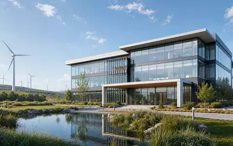 PNE AG (DE000A0JBPG2) präsentiert modernen Glas-Bürokomplex nahe Windpark als architektonische 3D-Visualisierung heute - Foto: THN