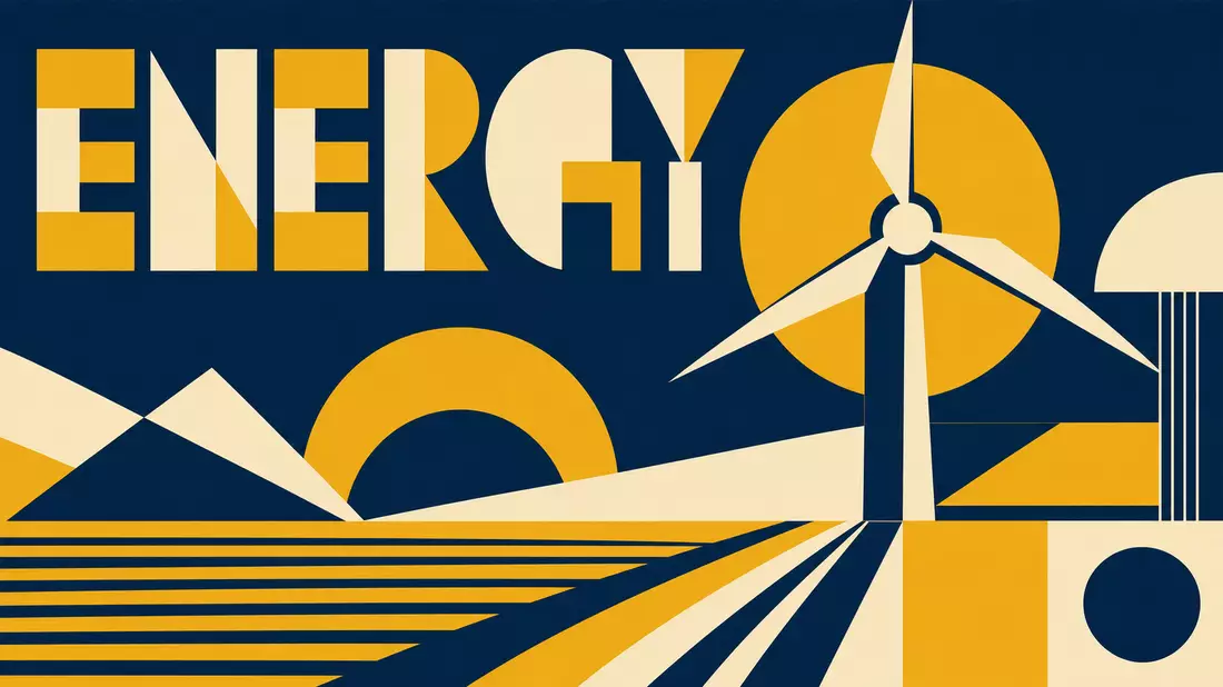 Bauhaus-Poster mit geometrischer Windturbine, Sonne und Schriftzug ENERGY in Gelb und Marineblau