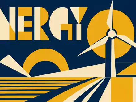 PNE AG (DE000A0JBPG2) inspiriert Bauhaus-Poster mit geometrischer Windturbine und großem Schriftzug ENERGY heute - Foto: THN