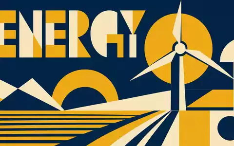 PNE AG (DE000A0JBPG2) inspiriert Bauhaus-Poster mit geometrischer Windturbine und großem Schriftzug ENERGY heute - Foto: THN