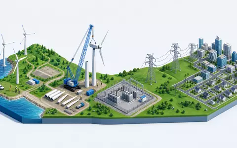 PNE AG (DE000A0JBPG2) visualisiert isometrisch Wertschöpfungskette der Windenergie von Baustelle bis Stromnetz - Foto: THN
