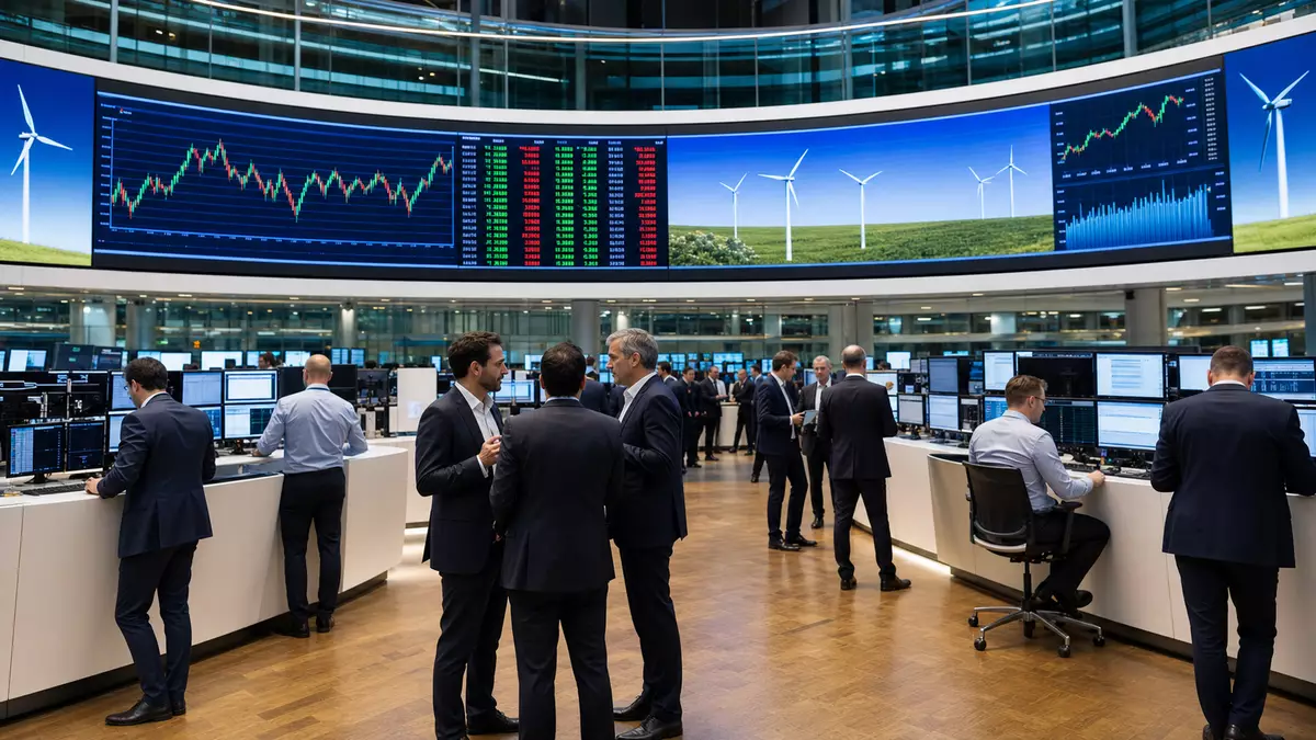 Editorialfoto der Frankfurter Börse mit Händlern und Bildschirmen mit Windenergie-Charts