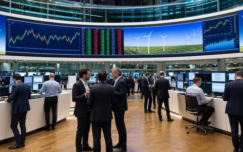 PNE AG (DE000A0JBPG2) Editorial-Szene der Frankfurter Börse mit Charts und Windturbinen-Motiven auf Bildschirmen - Foto: THN