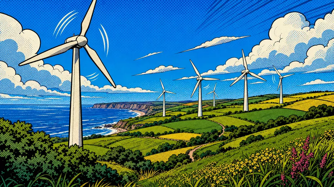 Pop-Art-Comic-Illustration eines Windparks an der Küste mit kräftigen Farben und Halbtonpunkten