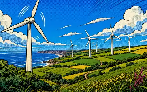 PNE AG (DE000A0JBPG2) inspiriert farbenfrohe Pop-Art-Comic-Szene mit spinnenden Windturbinen an sonniger Küste - Foto: THN