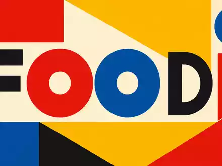 Just Eat Takeaway.com N.V. (NL0012015606) als Bauhaus-Poster mit geometrischen Formen, Grundfarben und Sektor-Kürzel in klarer - Foto: THN