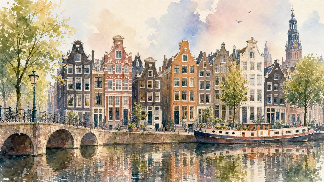 Aquarellmalerei der Amsterdamer Grachten und Giebelhäuser, unbranded, Euronext N.V