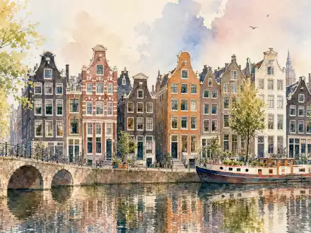 Aquarell-Illustration der Amsterdamer Innenstadt mit Grachten, künstlerisch für Euronext N.V., ISIN NL0015000D50, sanft - Foto: THN
