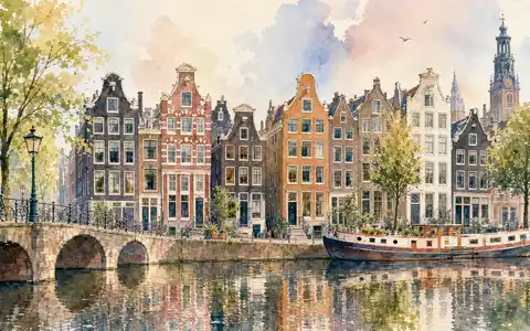 Aquarell-Illustration der Amsterdamer Innenstadt mit Grachten, künstlerisch für Euronext N.V., ISIN NL0015000D50, sanft - Foto: THN