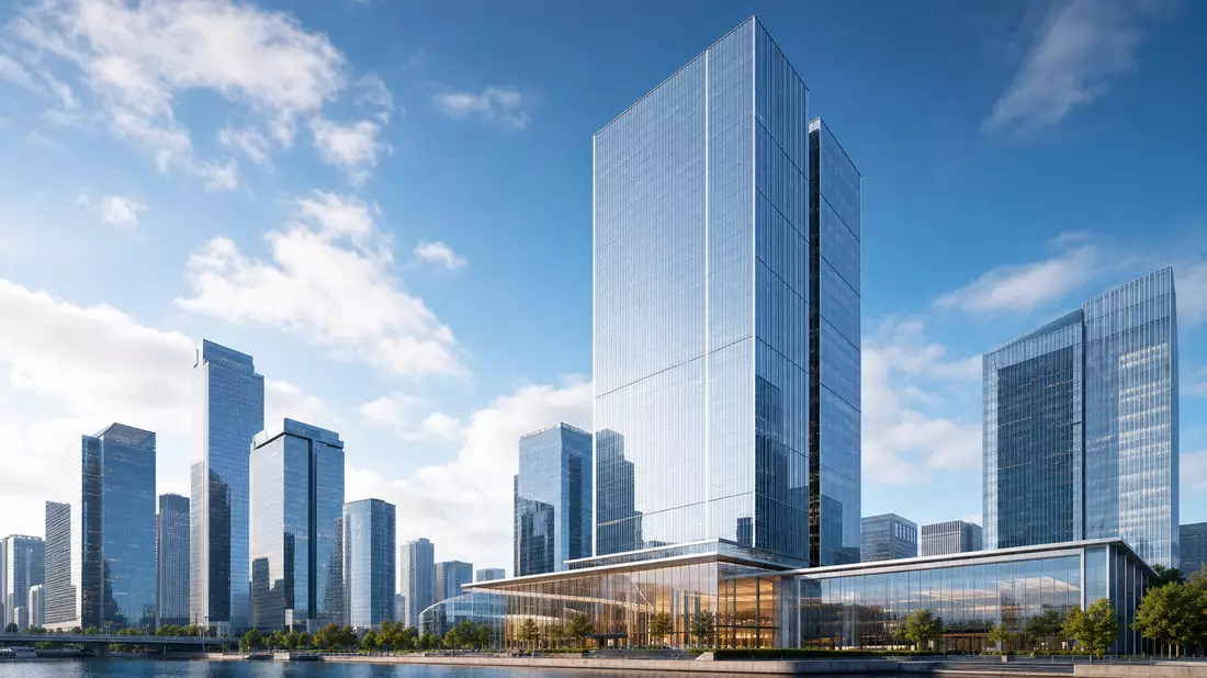 3D-Architekturrender eines modernen Glas-Bürohochhauses, unbranded, Euronext N.V