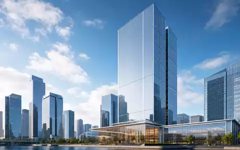 Architektur-Render eines modernen, futuristischen Finanzzentrums-Hochhauses, konzeptionell passend zu Euronext N.V., ISIN NL0015000D50 - Foto: THN
