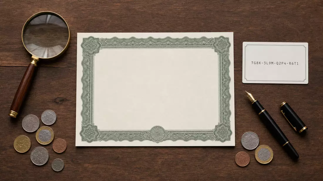 Flatlay mit Aktienzertifikat, Lupe und Finanzunterlagen, unbranded, Euronext N.V