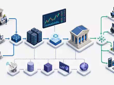 Isometrische 3D-Grafik zeigt den Handelsprozess an einer Börse, konzeptionell für Euronext N.V., ISIN NL0015000D50, übersichtlich - Foto: THN
