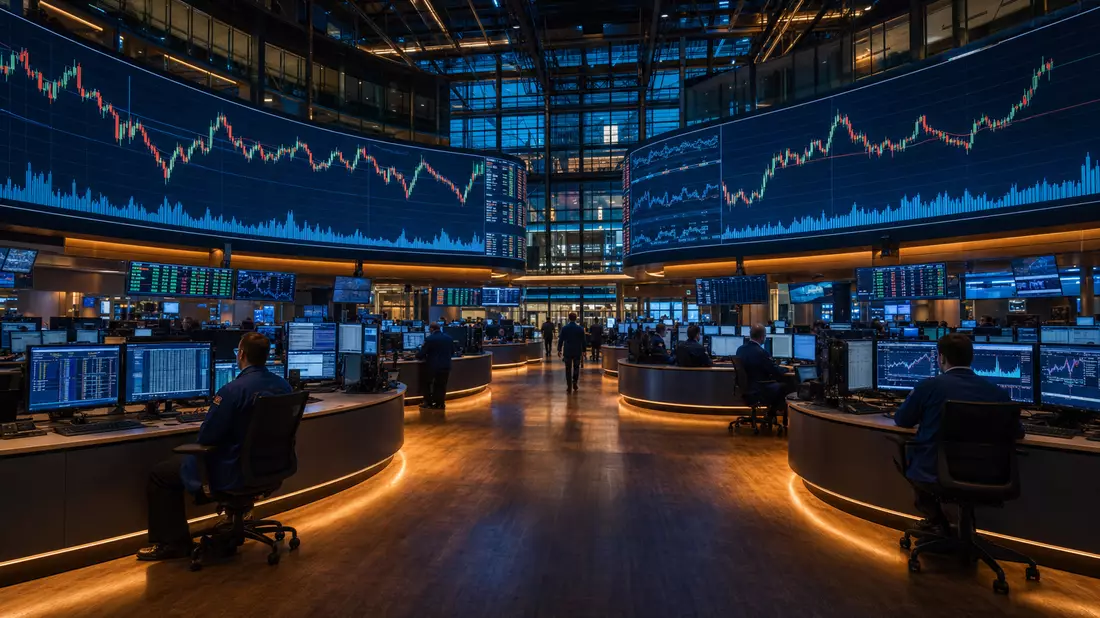 Editorial-Foto eines Börsenhandelsraums mit großen Kursbildschirmen, unbranded, Euronext N.V