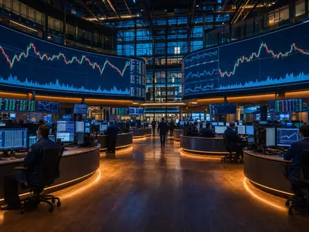 Editorial-Aufnahme eines Trading-Floors mit Finanzcharts, redaktionell zu Euronext N.V., ISIN NL0015000D50, dynamisch inszeniert - Foto: THN