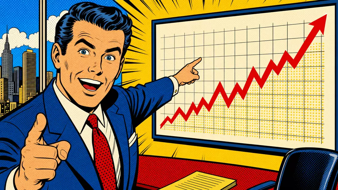 Bunte Pop-Art-Comic-Illustration eines Börsenmaklers vor Kurstafeln, unbranded, Euronext N.V