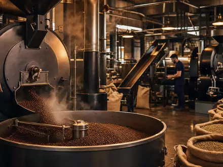 Fotorealistische Röstanlage symbolisiert Produktionsprozesse von JDE Peet's N.V., Aktie mit ISIN NL0014332678 im Kaffeesektor - Foto: THN