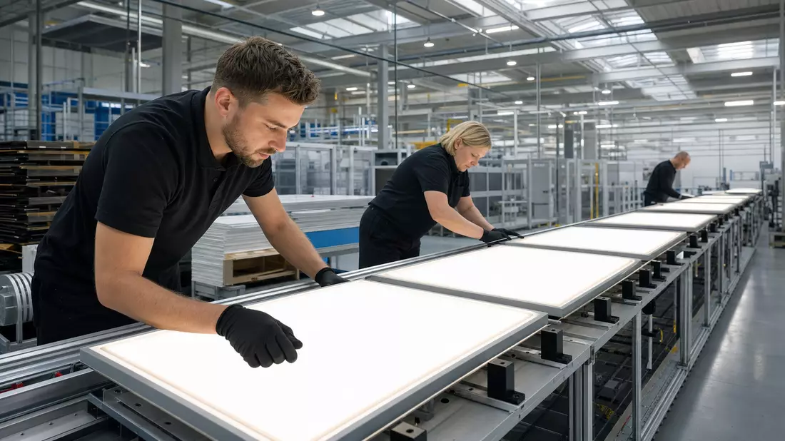 Fotorealistische LED-Leuchtenfertigung in heller Industriehalle mit Arbeitern