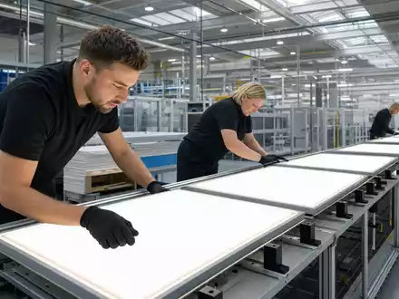 Signify N.V. mit ISIN NL0012866412 zeigt fotorealistische Fertigung von LED-Leuchtpaneelen in moderner Industriehalle - Foto: THN