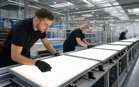 Signify N.V. mit ISIN NL0012866412 zeigt fotorealistische Fertigung von LED-Leuchtpaneelen in moderner Industriehalle - Foto: THN