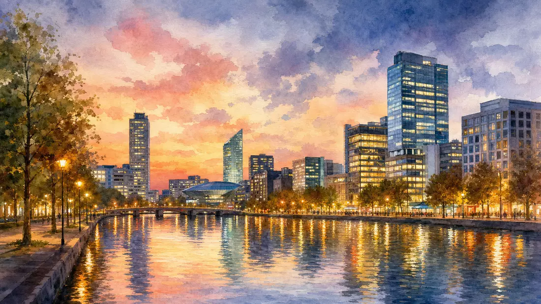 Aquarellmalerei der Eindhoven-Skyline bei Dämmerung mit beleuchteten Türmen