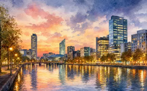 Signify N.V. mit ISIN NL0012866412 zeigt Aquarellbild der beleuchteten Skyline von Eindhoven am Abend - Foto: THN