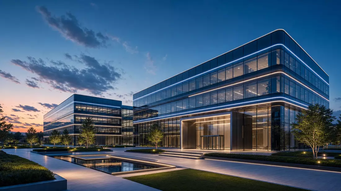 Architektur-Render eines modernen Bürocampus mit LED-Fassadenbeleuchtung am Abend