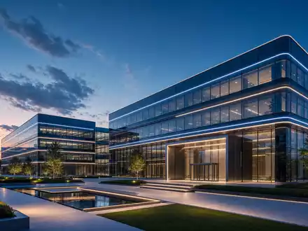Signify N.V., ISIN NL0012866412, als Architektur-Render eines modernen Glas-Firmensitzes mit smarter LED-Fassadenbeleuchtung dargestellt - Foto: THN