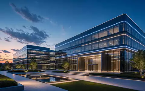 Signify N.V., ISIN NL0012866412, als Architektur-Render eines modernen Glas-Firmensitzes mit smarter LED-Fassadenbeleuchtung dargestellt - Foto: THN