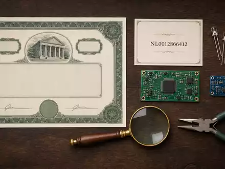 Signify N.V. und ISIN NL0012866412 im Flatlay mit Aktienzertifikat, LED-Bauteilen und Werkzeugen auf Holztisch - Foto: THN