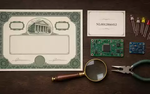 Signify N.V. und ISIN NL0012866412 im Flatlay mit Aktienzertifikat, LED-Bauteilen und Werkzeugen auf Holztisch - Foto: THN