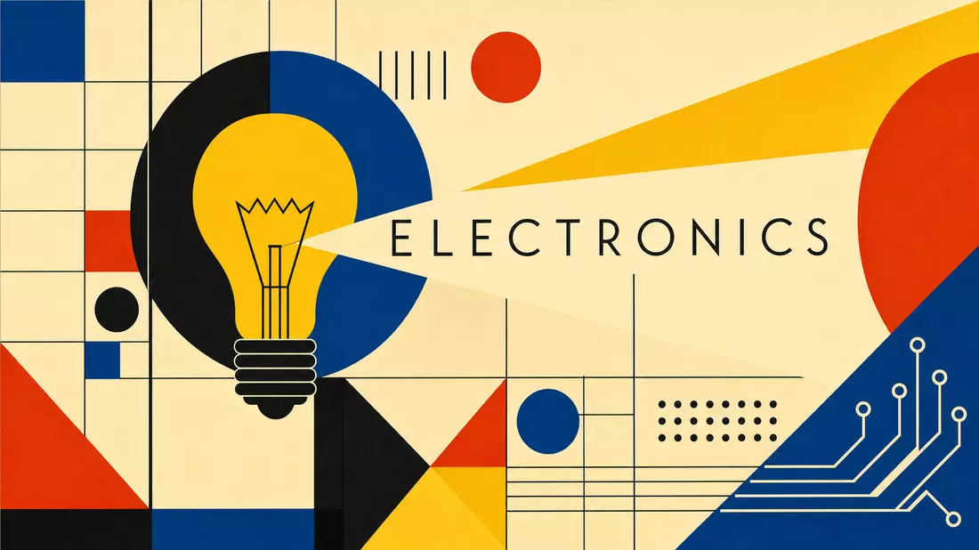 Geometrisches Bauhaus-Poster mit stilisierter Glühbirne und Schriftzug ELECTRONICS