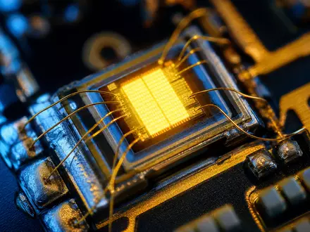 Signify N.V. mit ISIN NL0012866412 zeigt in Makroaufnahme einen leuchtenden LED-Chip mit feinen goldenen Drahtverbindungen - Foto: THN