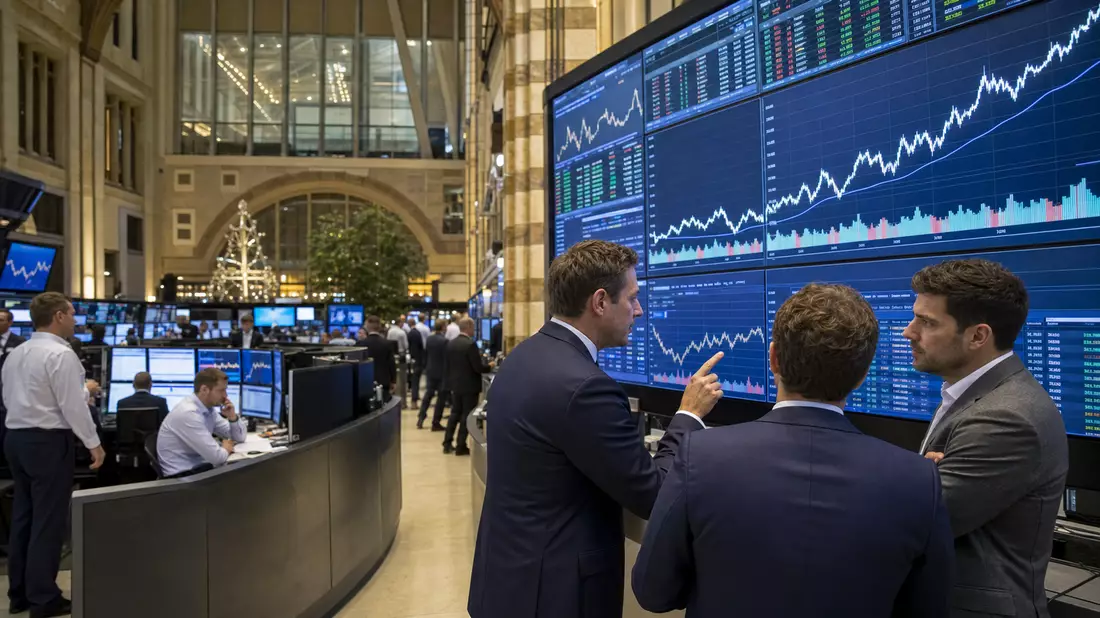 Editorialfoto eines Handelssaals mit großen Bildschirmen und Elektronik-Aktiencharts