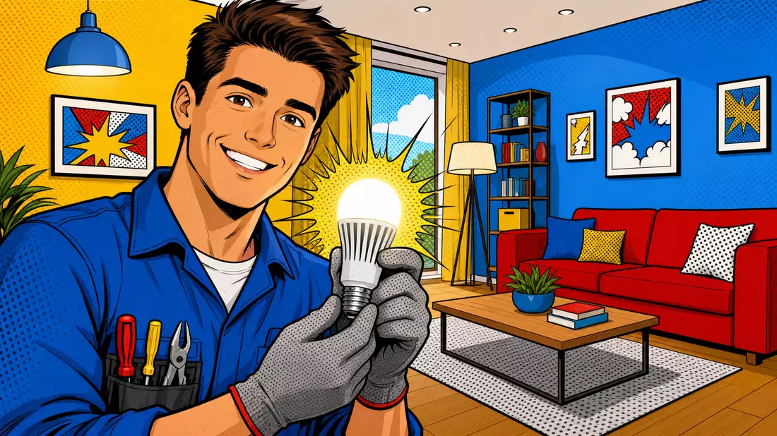 Bunte Pop-Art-Comic-Illustration eines Technikers mit leuchtender LED-Lampe im Wohnzimmer