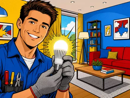 Signify N.V., ISIN NL0012866412, wird als farbenfrohe Pop-Art-Comic-Szene mit lächelndem Techniker und leuchtender LED-Lampe gezeigt - Foto: THN