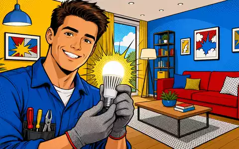 Signify N.V., ISIN NL0012866412, wird als farbenfrohe Pop-Art-Comic-Szene mit lächelndem Techniker und leuchtender LED-Lampe gezeigt - Foto: THN