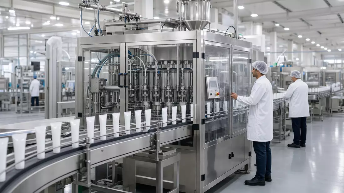 Moderne Konsumgüter-Fabrikanlage mit Fließband für Körperpflegeprodukte