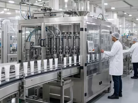 Colgate-Palmolive Konsumgüterproduktion US1941621039 zeigt sterile Zahnpastatube-Abfüllanlage auf modernem industriellen Fließband mit Arbeitern - Foto: THN