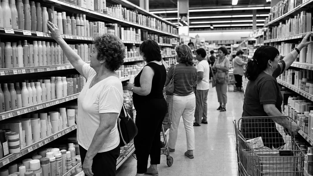Schwarzweiß-Dokumentarfoto von Kunden im Supermarkt-Körperpflegegang