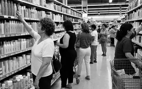 Colgate-Palmolive Marktpräsenz US1941621039 in schwarz-weißer Reportage von Kunden im belebten Supermarktgang für Pflegeprodukte - Foto: THN