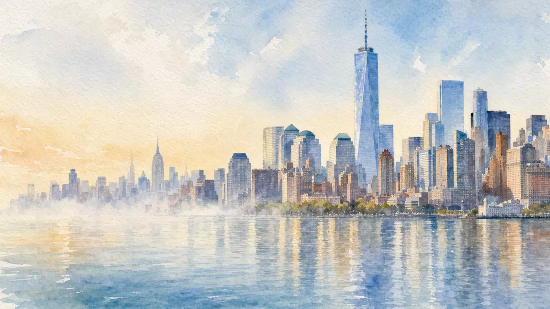 Aquarellgemälde der New Yorker Skyline mit Wolkenkratzern am Fluss