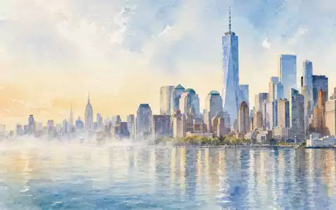 Colgate-Palmolive Heimatstadt New York US1941621039 als impressionistisches Aquarellgemälde der Skyline am Hudson River - Foto: THN