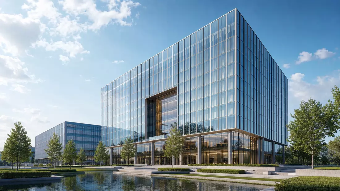 CGI-Render eines modernen Unternehmensgebäudes mit Glasfassade und Grünanlage