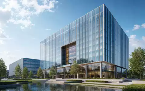 Colgate-Palmolive Hauptquartier US1941621039 als moderner Glasturm mit Spiegelteich im fotorealistischen CGI-Architektur-Render dargestellt - Foto: THN