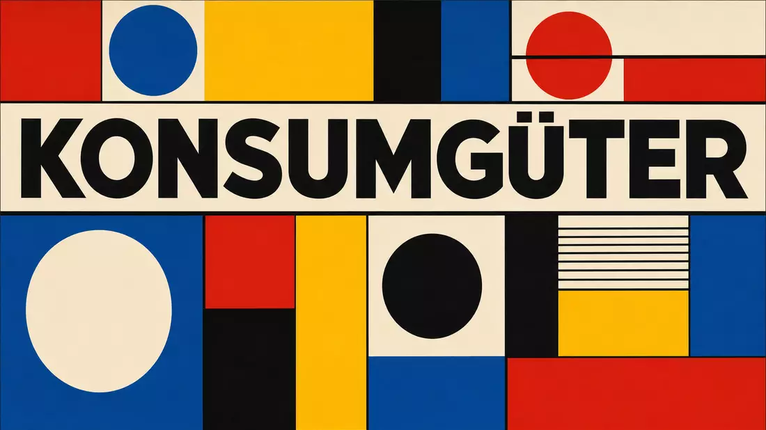 Bauhaus-Poster mit geometrischen Farbblöcken und Aufschrift KONSUMGÜTER